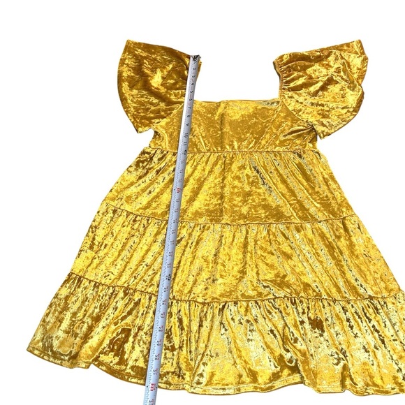 All IN FAVOR Flutter Sleeve Tiered Crushed Velvet Babydoll Mini Dress, Gold, Med - Picture 5 of 10